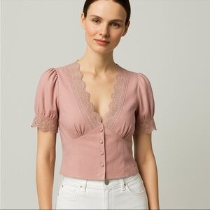 Zara Blouse Button Lace Puff Sleeve Pink Boho Womens Medium